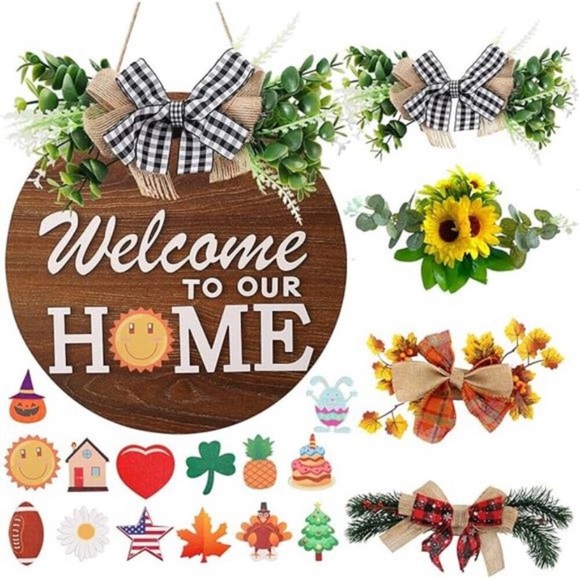 Interchangeable Welcome Sign for Front Door with 4 Seasonal Wreaths - Picture 8 of 10